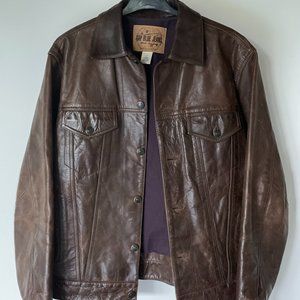 Vintage 2000 Gap Blue Jeans brown 100% leather trucker jacket